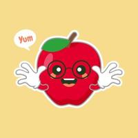 lindo y kawaii personaje de manzana con cara graciosa. emoji de manzana de dibujos animados lindo feliz. Ilustración de vector de carácter de comida vegetariana saludable