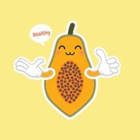 Personajes de papaya de estilo de dibujos animados lindos y kawaii para alimentos saludables, diseño vegano y de cocina. fruta tópica papaya, vitaminas y nutrición, alimentos saludables e ingredientes para bebidas de jugo vector