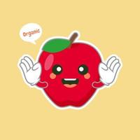 lindo y kawaii personaje de manzana con cara graciosa. emoji de manzana de dibujos animados lindo feliz. Ilustración de vector de carácter de comida vegetariana saludable