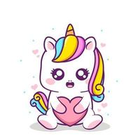 lindo unicornio abrazando un corazón vector