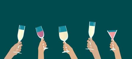 Human hand holding a glass of champagne. Postcard for the holiday New Year, Christmas, wedding day. vector