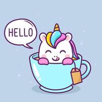 cute happy unicorn inside blue cup vector