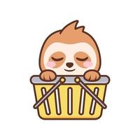 cute sloth inside shopping basket vector