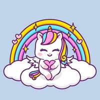 lindo unicornio abrazando un corazón en la nube vector