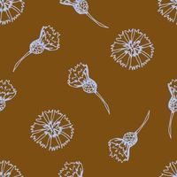 Simple floral vector seamless pattern. Light contour of flowers, cornflowers on a brown background, ocher color, sienna. For prints of fabric, textile products, wallpaper, clothing, bedding.