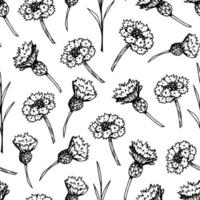 Hand-drawn floral vector seamless pattern in engraving style. Black contour of flowers cornflowers, twigs on a white background. For prints of fabric, packaging, paper, wallpaper, textile products.