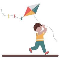 Cute small boy playing with kite and smiling. Flat vector illustration.