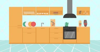 elegante interior de cocina luminosa con utensilios de cocina y equipo. ilustración vectorial colorido.