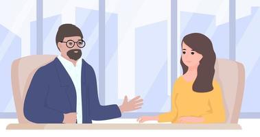 Serious male and female sitting at the desk and discussing problems. Man and woman telling their expert views on business, politic, economic situation. vector