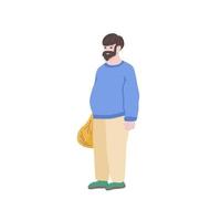 Fat male standing and holding full sack. Human character in blue sweater and yellow trousers. Isolated on white vector illustration.