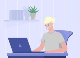 hombre joven sonriente sentado en el escritorio y mirando a la computadora portátil. concepto de educación en línea. buen diseño para chatear, llamadas en línea y lecciones en línea. vector