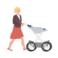 Young woman character walking with a baby in stroller. Baby pram. Flat vector illustration isolated on white.