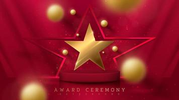 Gold star with red podium element and blurred ball decoration and glitter light effect with bokeh. vector