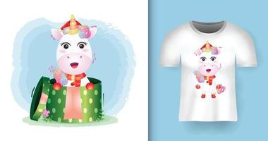 lindos personajes navideños de unicornio usando gorro de Papá Noel y bufanda en la caja de regalo con diseño de camiseta vector