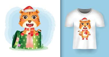 lindos personajes navideños de tigre usando gorro de Papá Noel y bufanda en la caja de regalo con diseño de camiseta vector