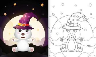 libro para colorear con una caricatura linda bruja de halloween oso polar frente a la luna vector