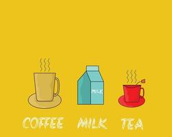 conjunto de bebida. una taza de café caliente, una taza de té caliente, un cartón de leche fresca sobre fondo amarillo. diseño de vectores de dibujos animados.