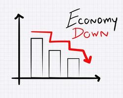 Economy Down concept. There is bar and chart with down arrow on graph paper background for your design, doodle style. vector