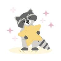 Cute raccoon holds star shape cookie. Funny cartoon animal character design. Flat vector isolated illustration for nursery room, kids apparel, greeting cards, poster, invitation