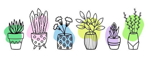 Flowers in pots and vases doodle hand drawn outline sketch with color shapes. Decorative potted house plant sketch. Isolated vector illustration