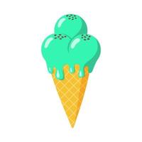 Mint melting ice cream in waffle cone with chocolate chips on top. Flat style Isolated vector illustration for web design or print