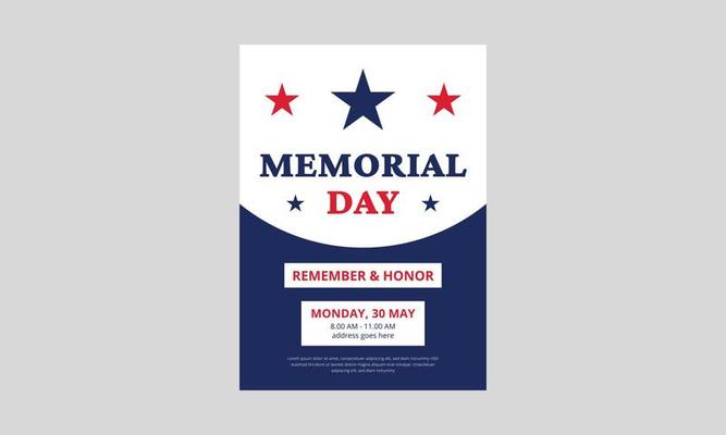 Memorial Day Flyer Template Design. Memorial Day poster templates Vector illustration. USA flag with blue star frame. Cover, A4 Size, Flyer design