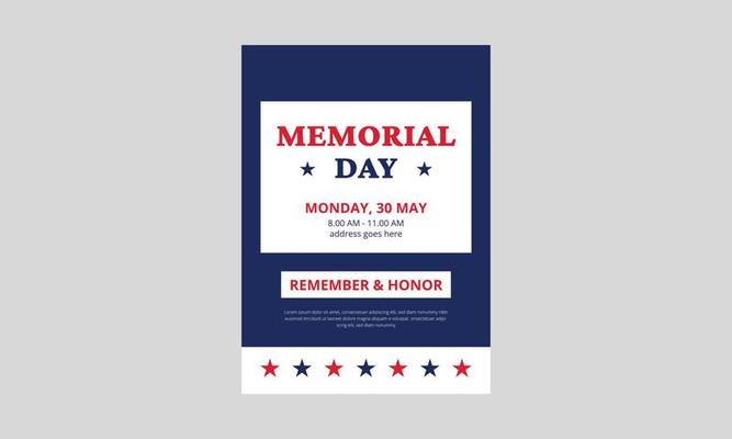 Memorial Day Flyer Template Design. Memorial Day poster templates Vector illustration. USA flag with blue star frame. Cover, A4 Size, Flyer design