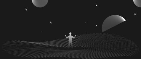 Businessman standing silhouette and Digital Contour curve dot and line and wave with wireframe. The concept for metaverse and VR technology vector