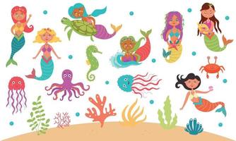 Large set of cute mermaids and sea creatures vector