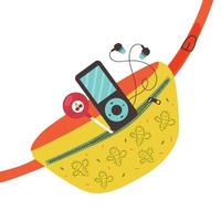 Bright fanny pack with candy player and headphones vector