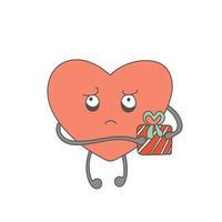 Sad heart character with a gift in his hands vector