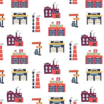 Pattern with manufactory buildings factory, machine shop, chimney, gasoline filling station