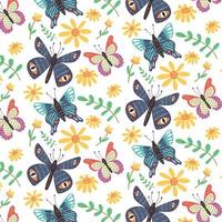 Seamless pattern of bright butterflies and wildflowers vector