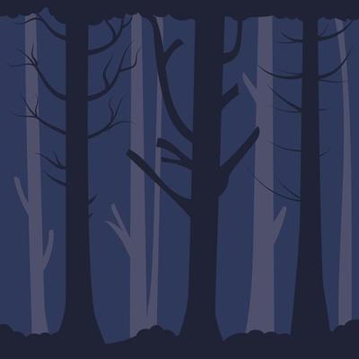 Dense gloomy forest. Old bare trees in the dark