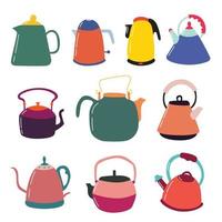 Set of custard kitchen teapots. Kitchen colorful appliances. Tea party vector