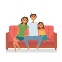 Happy family sitting on the couch watching tv. Cozy family circle Mom dad daughter. Vector editable illustration