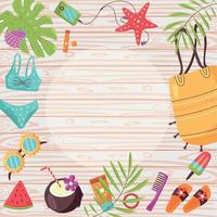 Summer items frame on wooden background vector