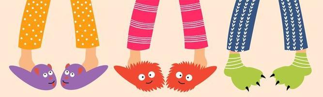 Children's feet in funny slippers. Children in pajamas spend the night with friends. Pajama party vector