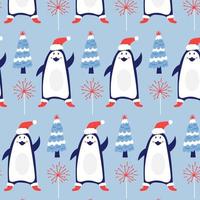 Seamless vector pattern Christmas penguin and herringbone