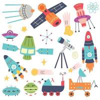 Set of space elements rockets satellites planetoids stars alien ships vector