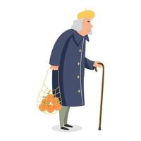 una anciana con un bastón y una bolsa de naranjas vector