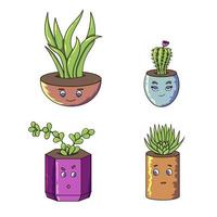 Funny plants with cute faces that sit in pots, drawn in a vector with a stroke line in cartoon style