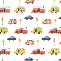 Pattern with fire truck, ambulance, police and road signs vector