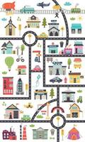 Vertical children's map with roads, cars, buildings vector