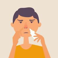 A guy with a runny nose. Treatment of a runny nose spray. Allergy vector