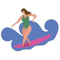 The girl caught the wave and rolls on a surfer board. Surfing in the ocean. Mass tourism. Inspire to travel vector