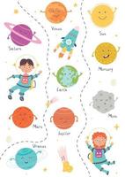 Poster with cute solar system planets by astronauts on white background vector