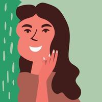 A tanned girl stands behind aloe Vera and touches the soft skin of her face with her hand vector