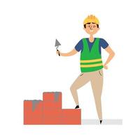 Builder lays bricks with cement. Small business construction. Man in a construction helmet and uniform vector