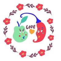 amor vegetal brillante en el día de san valentín pimienta y manzana vector